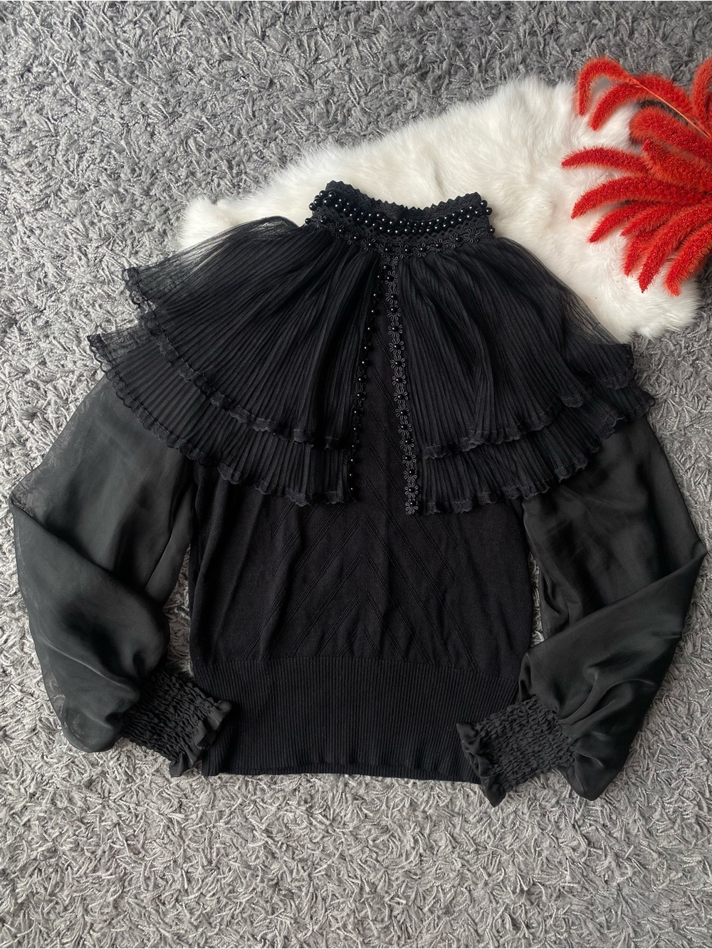 Beulah Style Black Mixed Media Statement Ruffle Blouse Beaded Collar